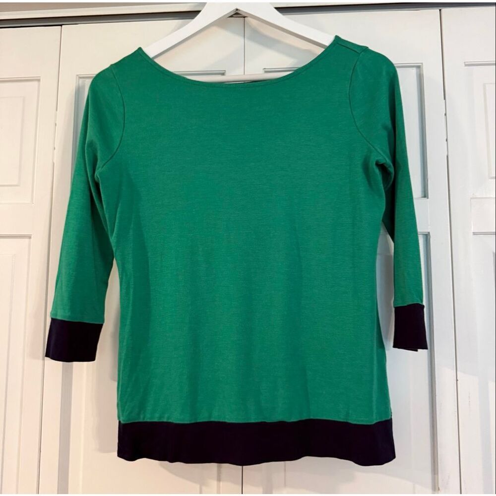 Talbots kelly green boatneck navy trim top size small petite - Picture 2 of 7